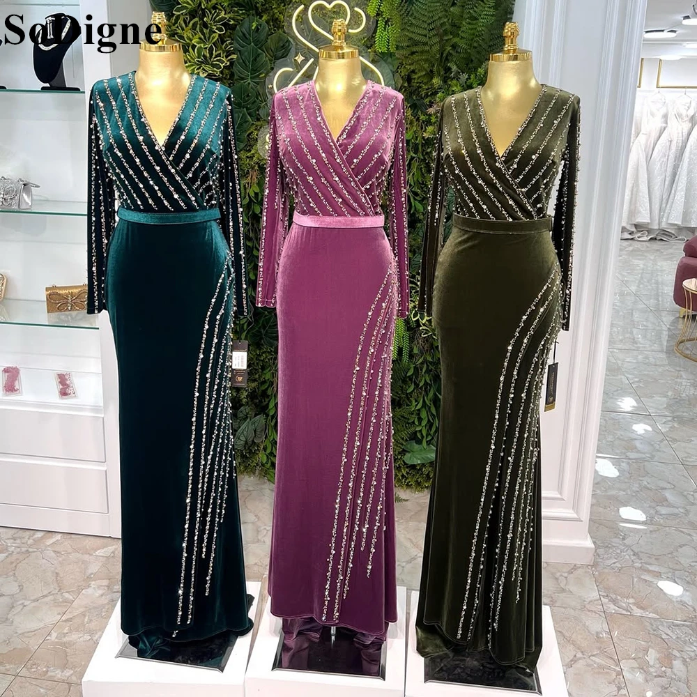 

SoDigne Elegant Velvet Evening Dresses Mermaid V-Neck Beading Crystal Long Sleeves Party Dress 2025 Formal Prom Gowns Customized