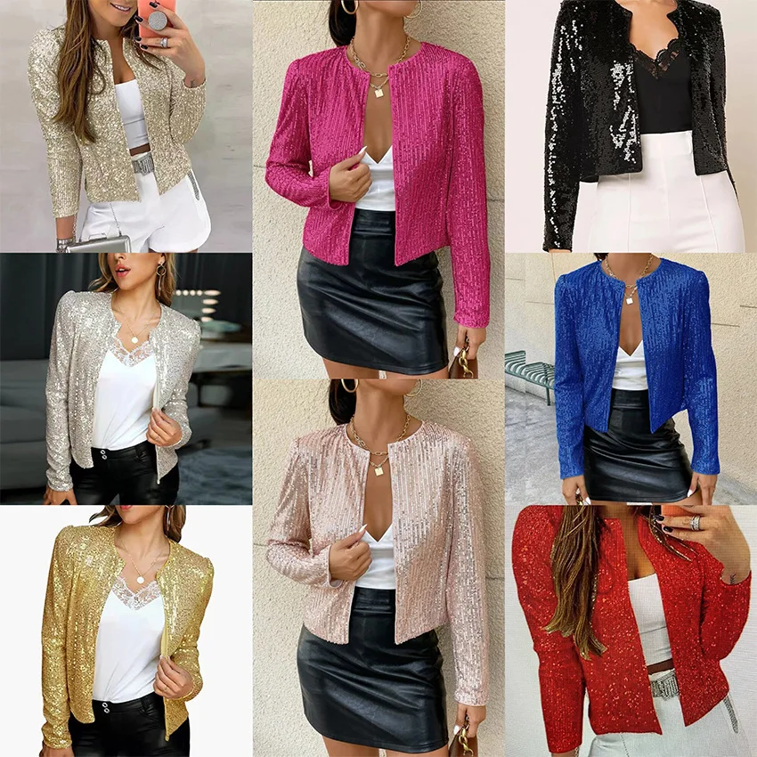 

2025 Autumn Winter New Simple Round Neck Coats Women Long Sleeved Jacket Fashion Sequin Female Casual Jackets