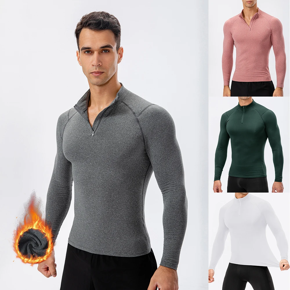 Men Compression Running T-shirt High Elastic Sports Shirt Gym Sport Shirts Long Sleeve Men Autumn and Winter warm Training Shirt