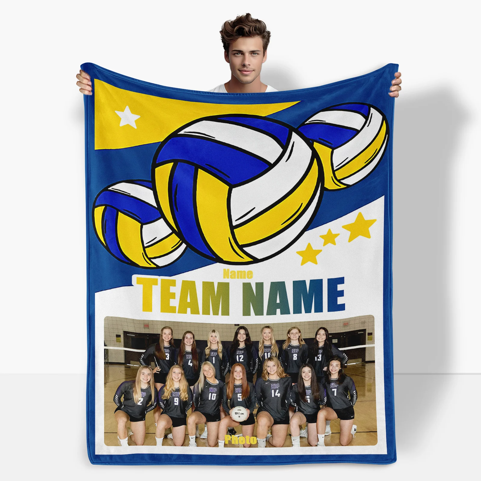 Custom Volleyball Blanket With Star Design In Yellow And Blue For Home Decor Piece Featuring Athletic Art Cozy Gift