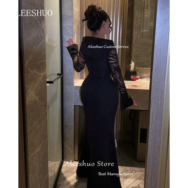 현대 검은 인어 새틴 댄스 파티 드레스 섹시한 Strapless Pleat 반짝 이는 파란색 된 Sequies 파티 드레스 긴 소매 2025 사용자 정의