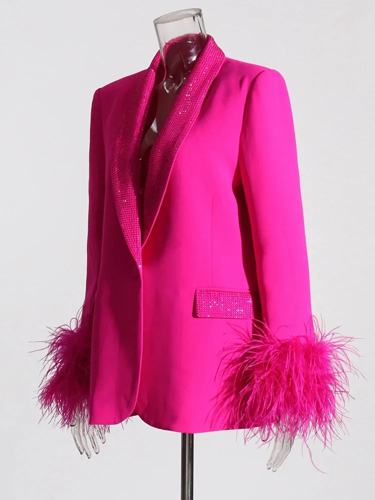EVACANDIS Spliced Feather Temperament Loose Blazers For Women Shawl Collar Long Sleeve Chic Blazer Female Fashion Clothing