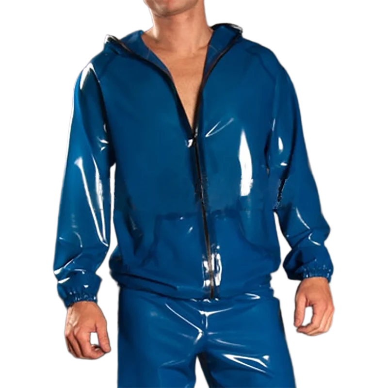 

Transparent Blue And Black Sexy Latex Full-zip Sweatshirts With Hoodies Pockets Rubber Tracksuit Sportswear Jacket Coat Top 158
