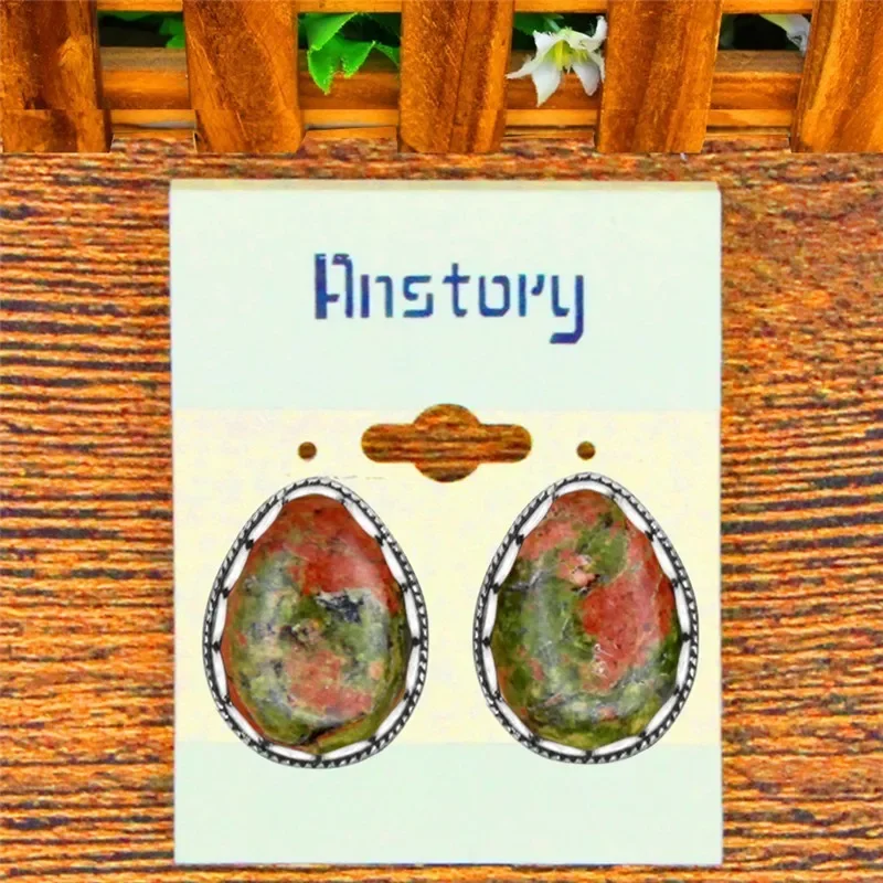 Retro Water Drop Unakite Stud Earrings For Women Stainless Steel Stud Pin Push Back Antique Silver Plated Earrings