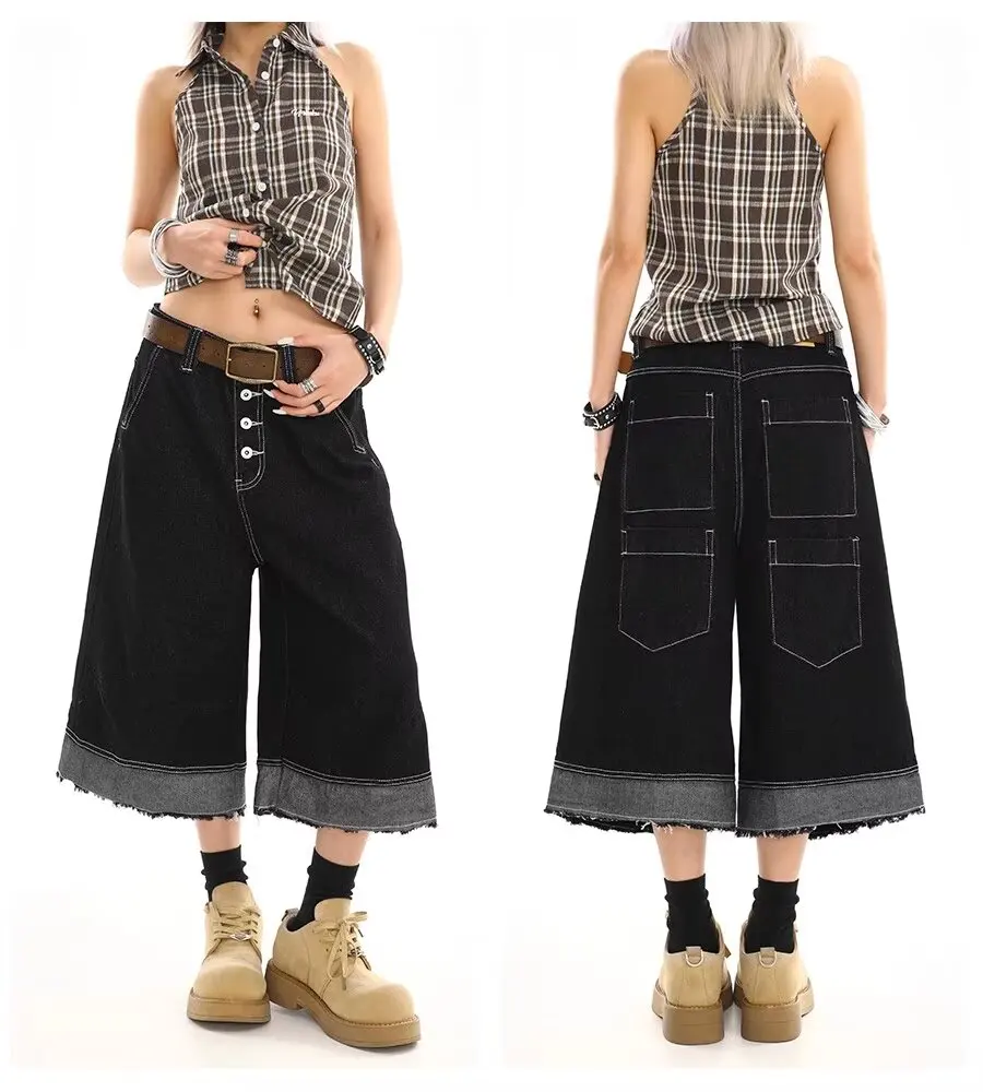 

Черные Y2k винтажные летние мешковатые джинсы 2000-х годов, шорты, женские уличные джинсы, корейские джинсы в стиле Харадзюку, готические большие джинсовые брюки с вышивкой