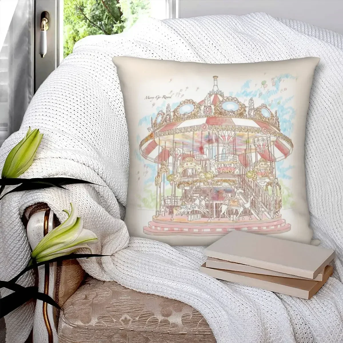 Pastel Circus Carousel Square Pillowcase Polyester Printed Zip Decor Throw Pillow Case Home Cushion Cover 45x45