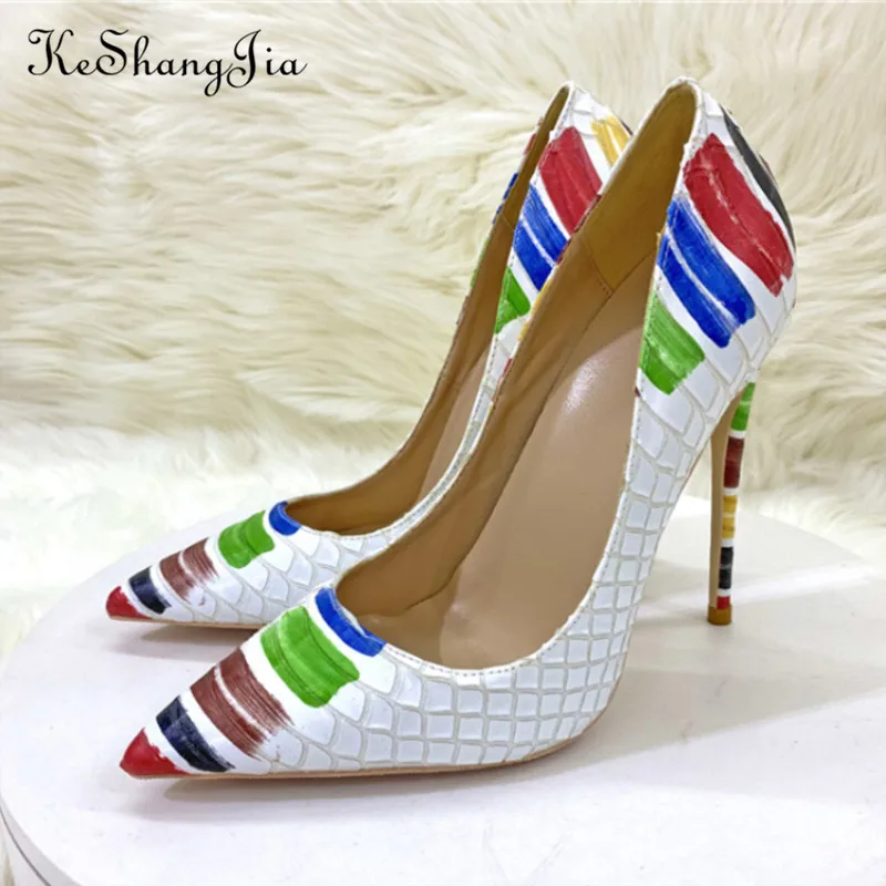 

Keshangjia White Snake Colored Graffiti Embossed Women Sexy Stiletto High Heels Slip On Pointed Toe Fashion Pumps Party Shoes