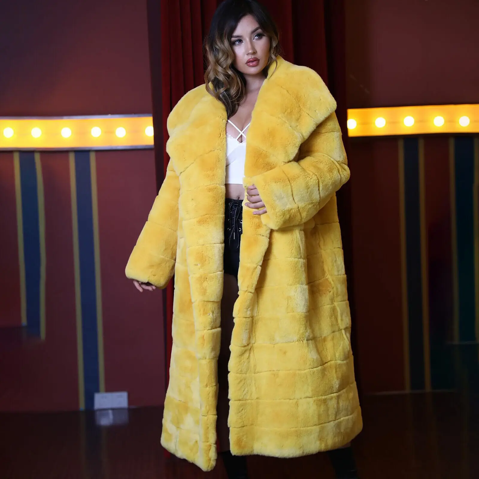 Winter Women Yellow Chinchilla Real Rex Rabbit Fur Hood Long Coat Fashion Luxury Genuine Fur Warm Overcoat