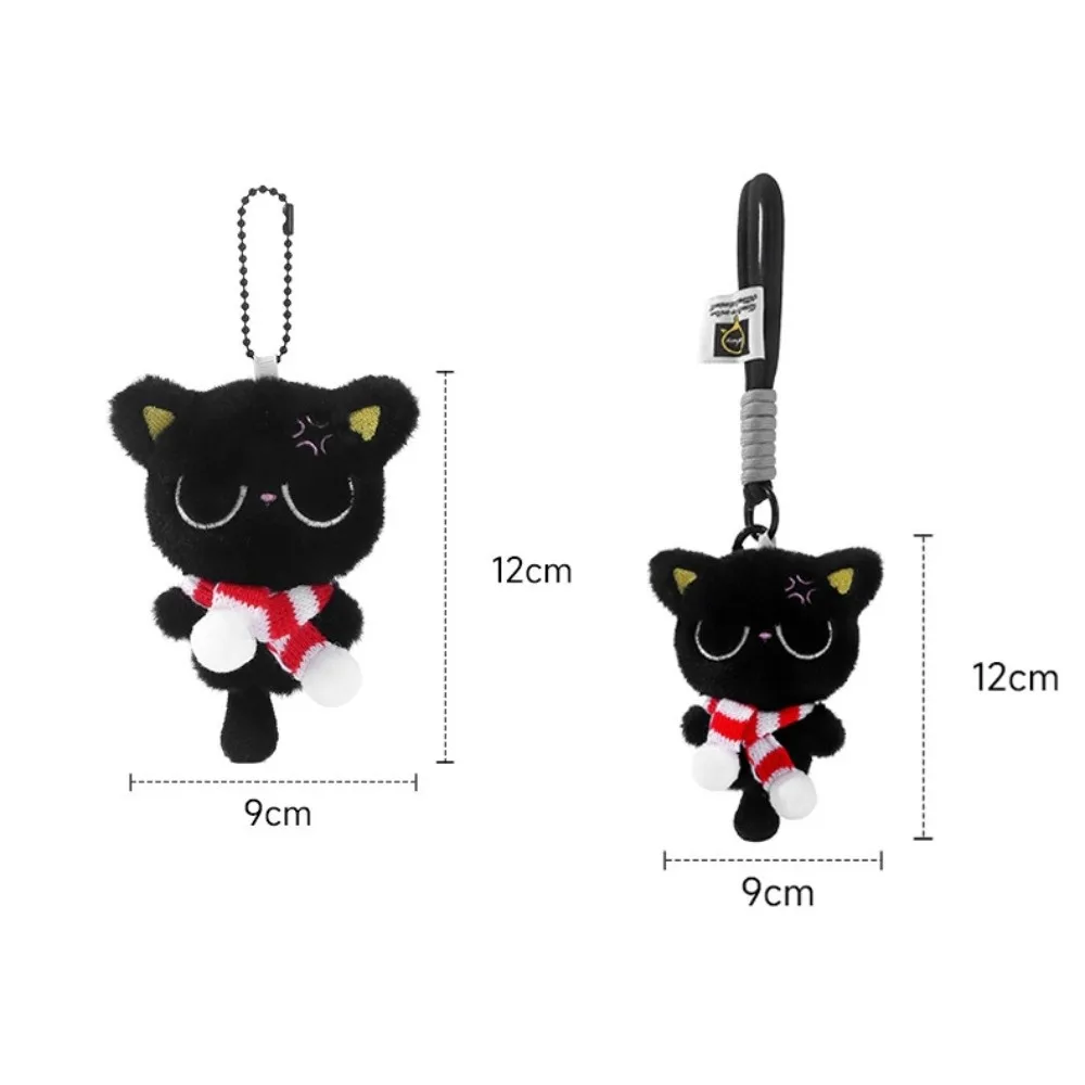 Porte-clés chat noir endormi mignon, écharpe à rayures douces, pendentif de sac de voiture, décoration de sac d'école