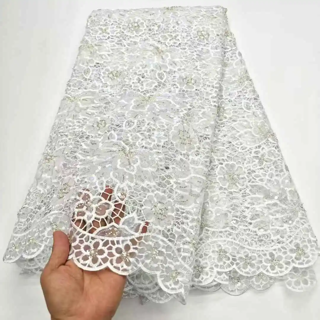 2025 新デザイン高品質コードレースファッションビーズスパンコールアフリカギピュールレース生地刺繍レースパーティーイブニングドレス