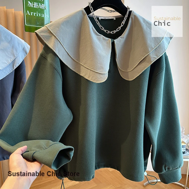 French style fashion design sense hem drawstring loose top women's spring and autumn double-layer doll collar leisure sweater