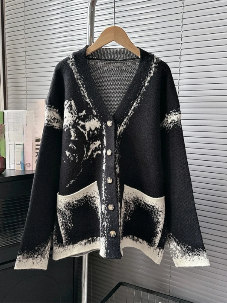 

Американские винтажные свитера контрастного цвета с v-образным вырезом и карманами, однобортный кардиган, вязаные топы в ленивом стиле, новинка 2025, женская одежда