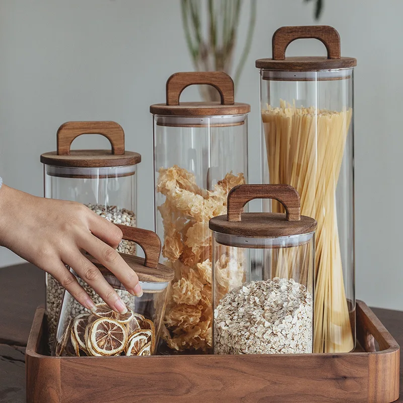 Multi-Functional Glass Jars with Solid Wood Caps Sealed and Large Capacity, Adaptable for Household Grains, Coffee Storage