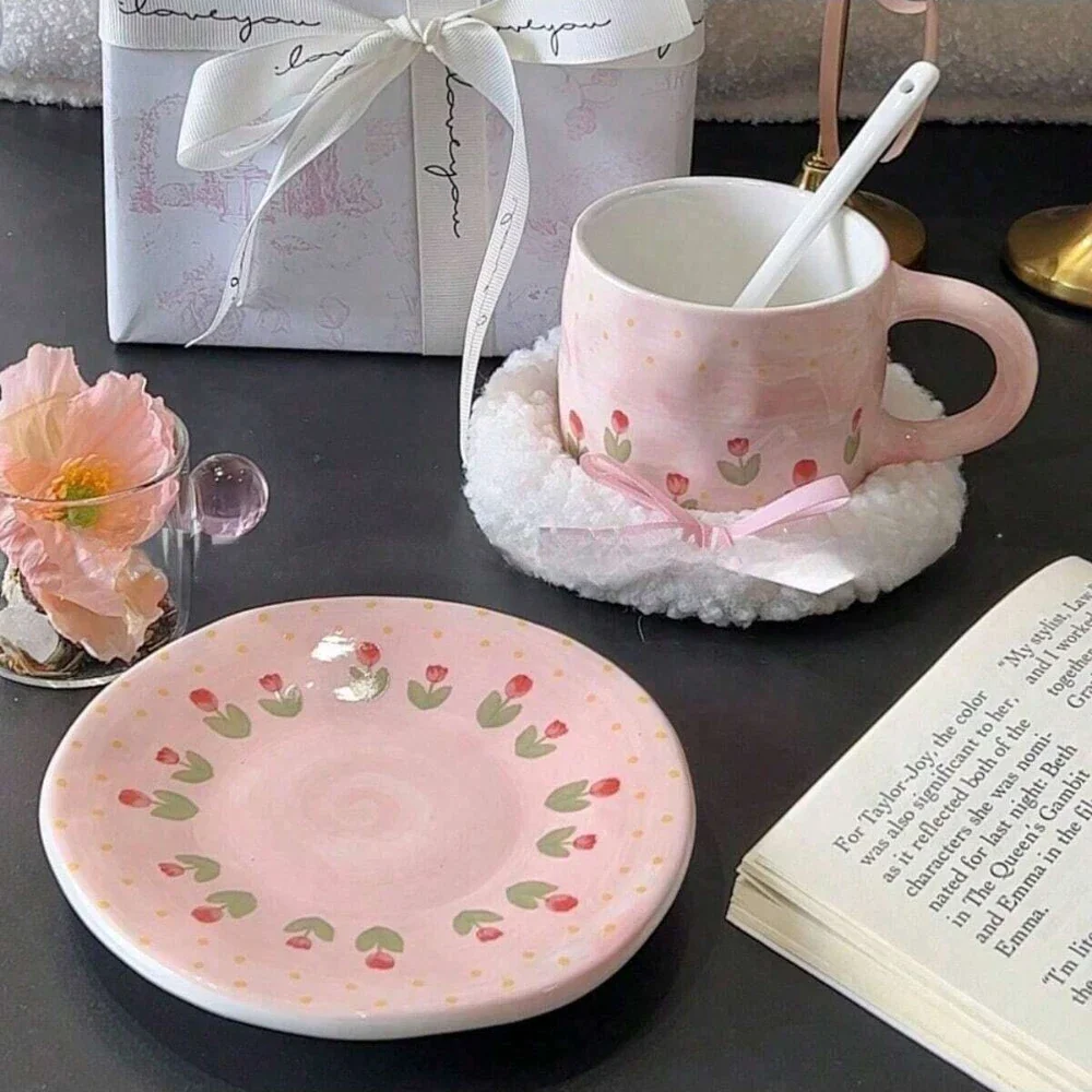 A Set of 250ml Pink Tulip Ceramic Coffee Cups and Saucers Plate Hand-held Coffee Cups and Saucers Picopresso Milk frother