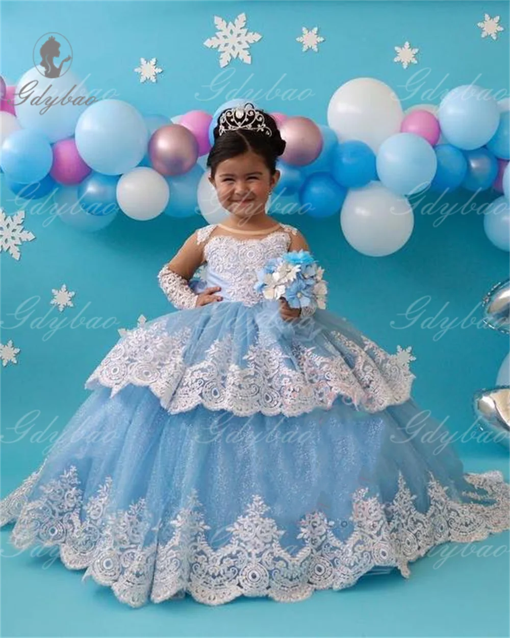 

Long Sleeved White Lace Applique Young Girls Dresses Fluffy Trailing First Communion Dress for Princesses kids Birthday Dance