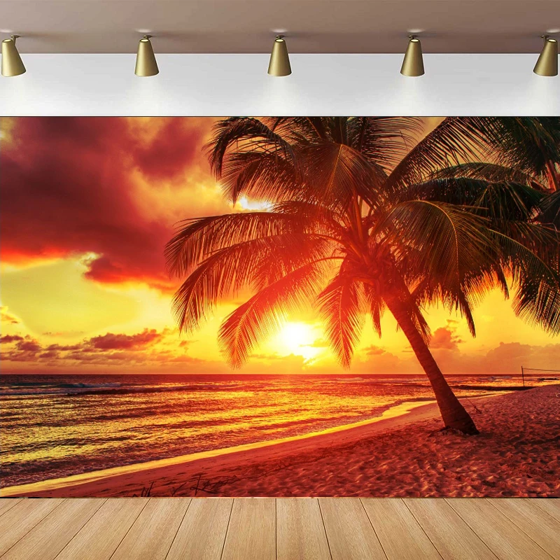 Hawaii Beach Sunrise Sunset Photography Backdrop For Seaside Party Tropical Palm Tree Ocean Background For Beach Bar Decor