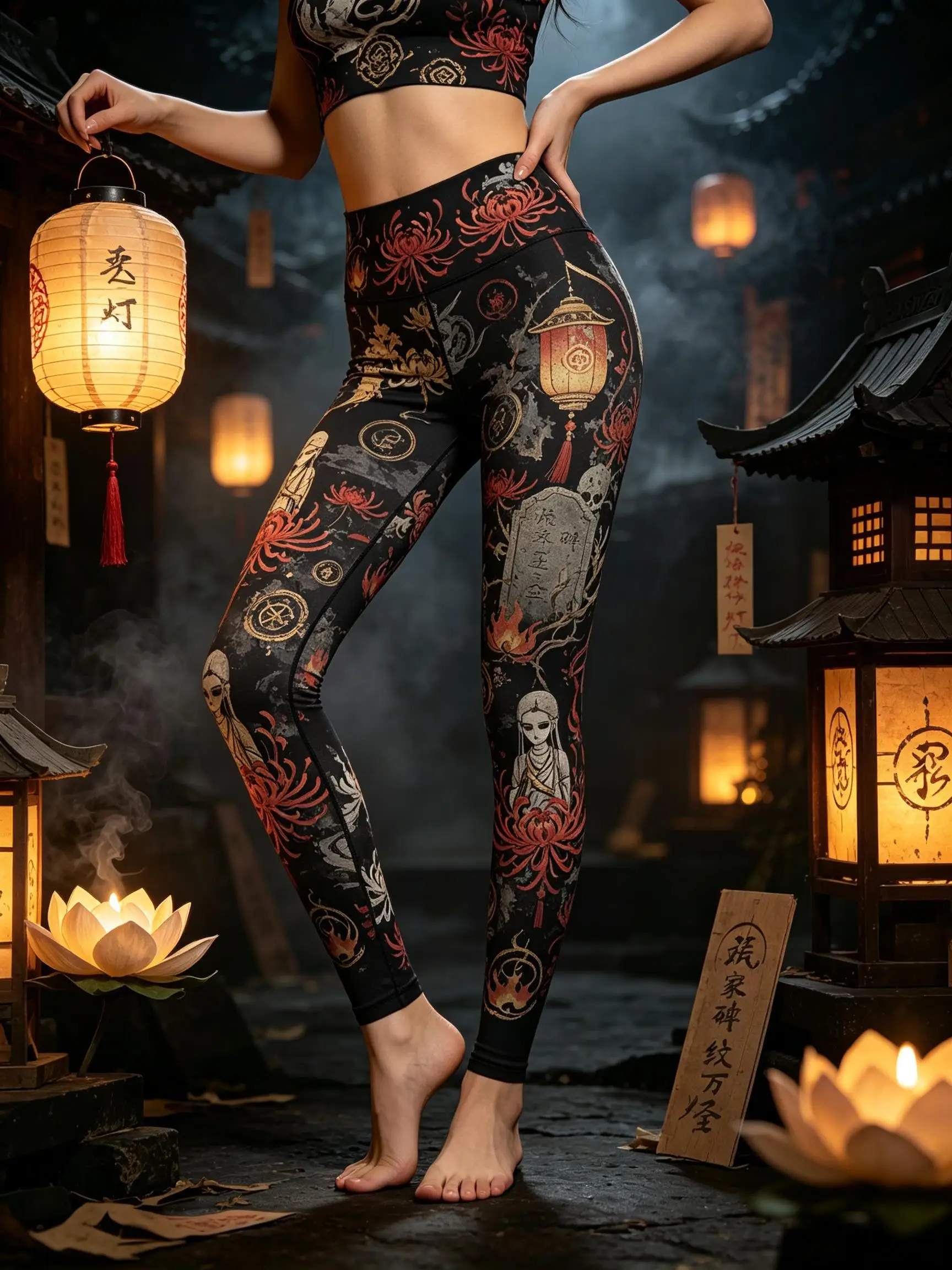 Women Oriental Spider Lily Lantern Print Leggings Mid Waist Fleece Lined Slim Pants Halloween Cosplay Stretch Trousers