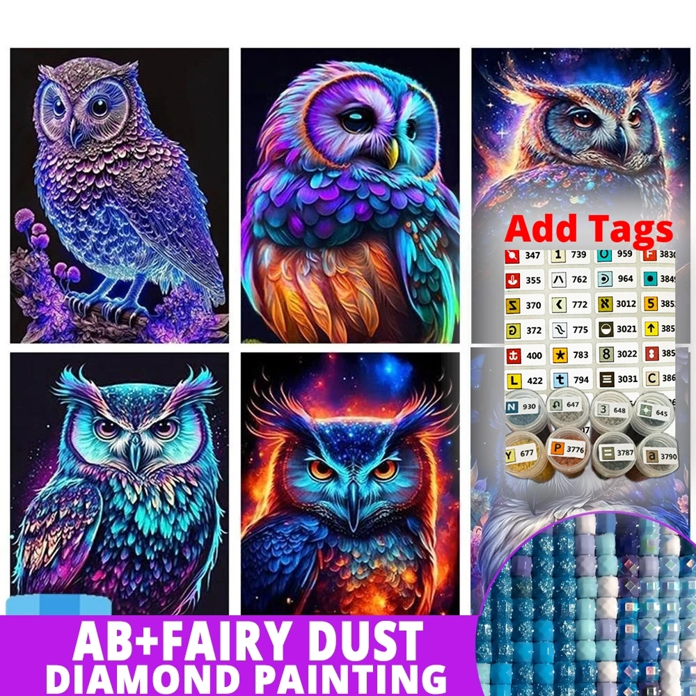

With Symbol Sticker AB Drills Luminous Cute 5D DIY Diamond Painting Full Square Round Embroidery Colorful Owl Bird Animals Mosai