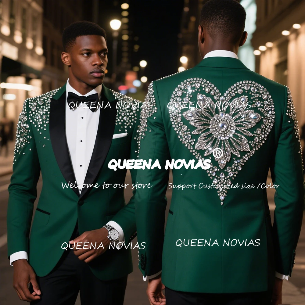 

Unique Design Beaded Stones Suits Men 2 Pieces Shawl Lapel Prom Blazers Customized Groom Banquet costume homme Wedding Tuxedos
