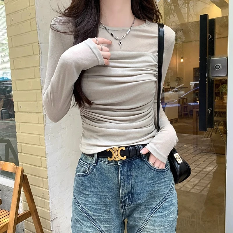 

Женская футболка для похудения Pure Color Me Long Sve ort Sle Base irt Faionable Commute Sle round Ne Top
