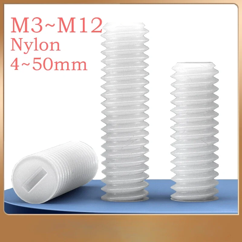 5~50 Pcs Nylon Slotted Bolt M3 M4 M5 M6 M8 M10 M12 Headless Set Screw White Plastic Insulated Screws Slotted Point Set Screw