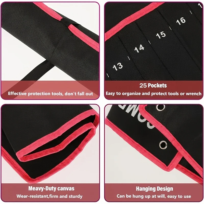 14 Pockets Wrench Roll Organizer Tool Pouch Bag Canvas Double-Ended Wrench Tool Storage Shock Resistant Hardware Tool Bag ﻿