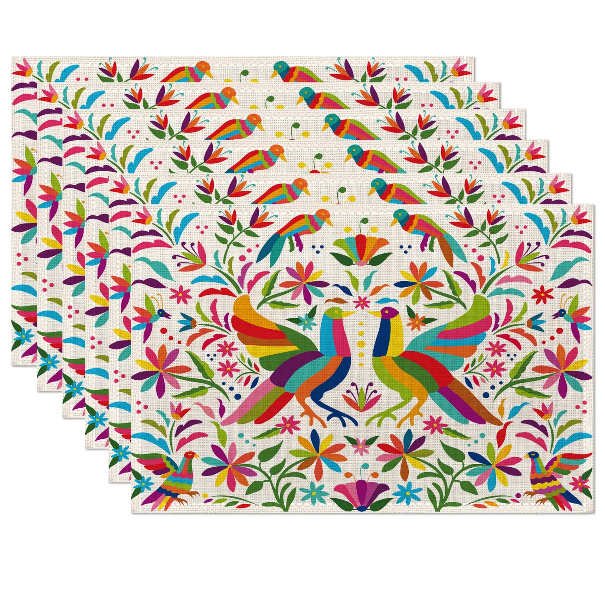 

Colorful Mexican Bird Flower Placemats,Ornate Ethnic Linen Washable Kitchen Dining Table Mats Heat Resistant Place Mats 12x18"