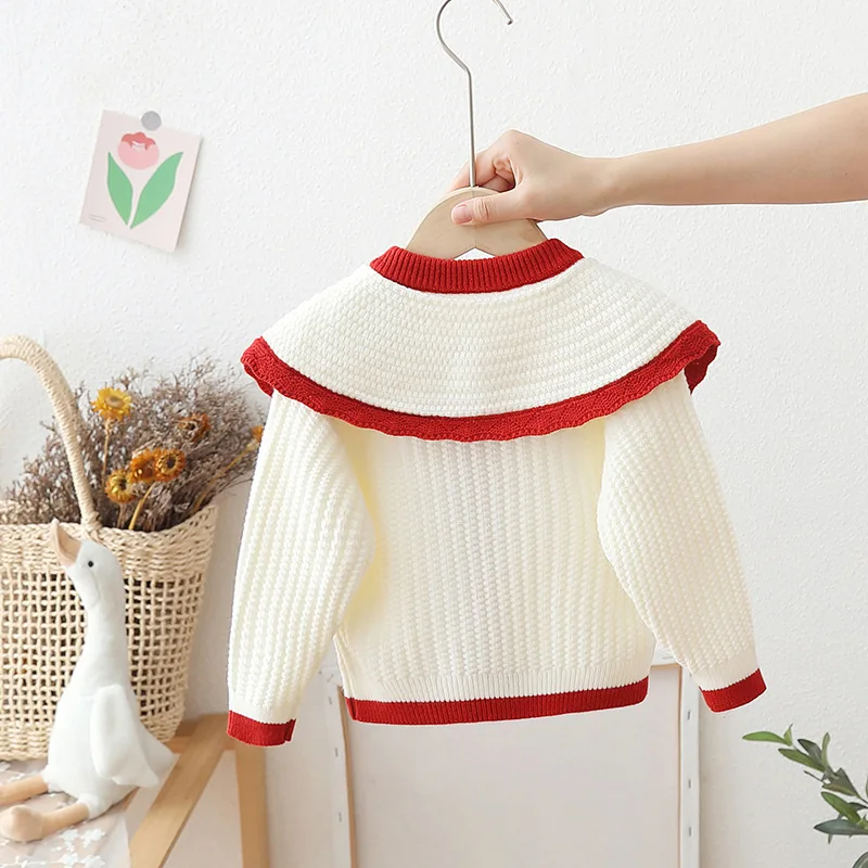 Autumn Toddler Kids Girl Cardigan Coat Cotton Cherry Printed Baby Girl Coat Lapel Flower Button Long Sleeve Infant Girl Knitwear