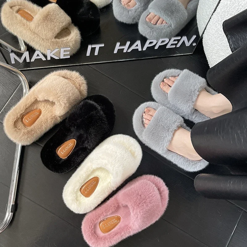 

Women Cotton Slippers Open-toe Thick Bottom Flat Solid Color Platform Shoes Fashion Autumn and Winter Models Female Fur Slippers
