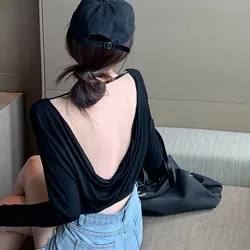 2024 Summer Fashion Sexy Korean Round Neck Sexy Open Back Loose Casual Versatile Long sleeved T-shirt