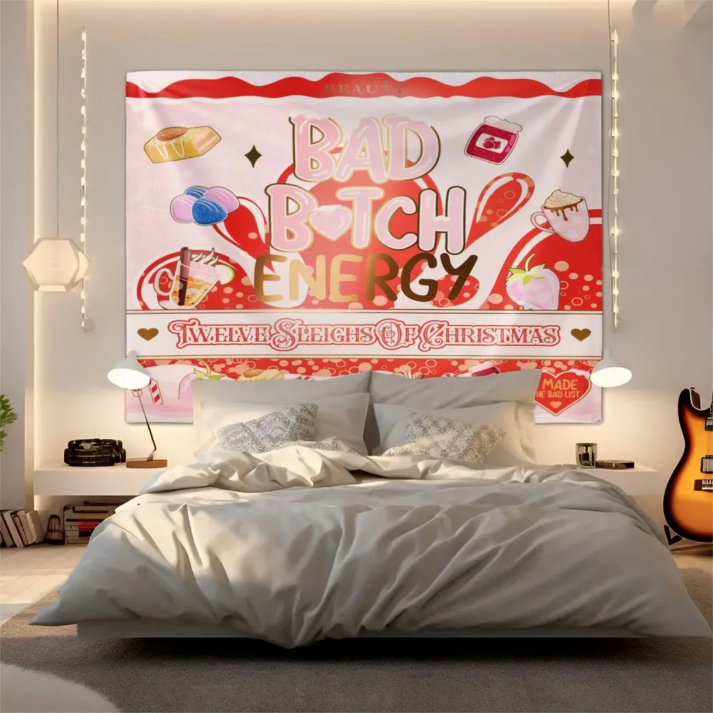 Pink Aesthetic Energy Tapestry Wall Hanging Christmas Strawberry Print Digital for Bedroom Dorm Wall Decor