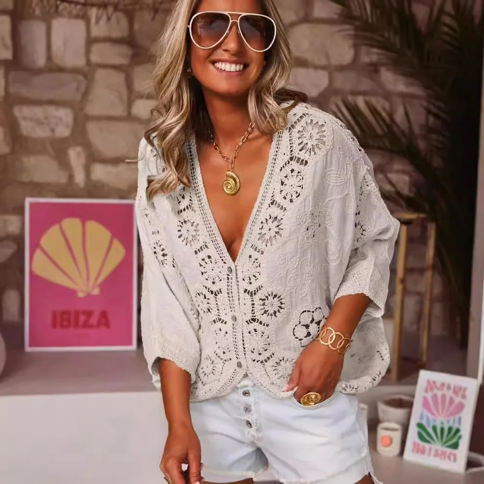 Women's Spring Summer V-Neck Lace Crochet Cutout Blouse New Arrival Casual Shirt Ropa Mujer