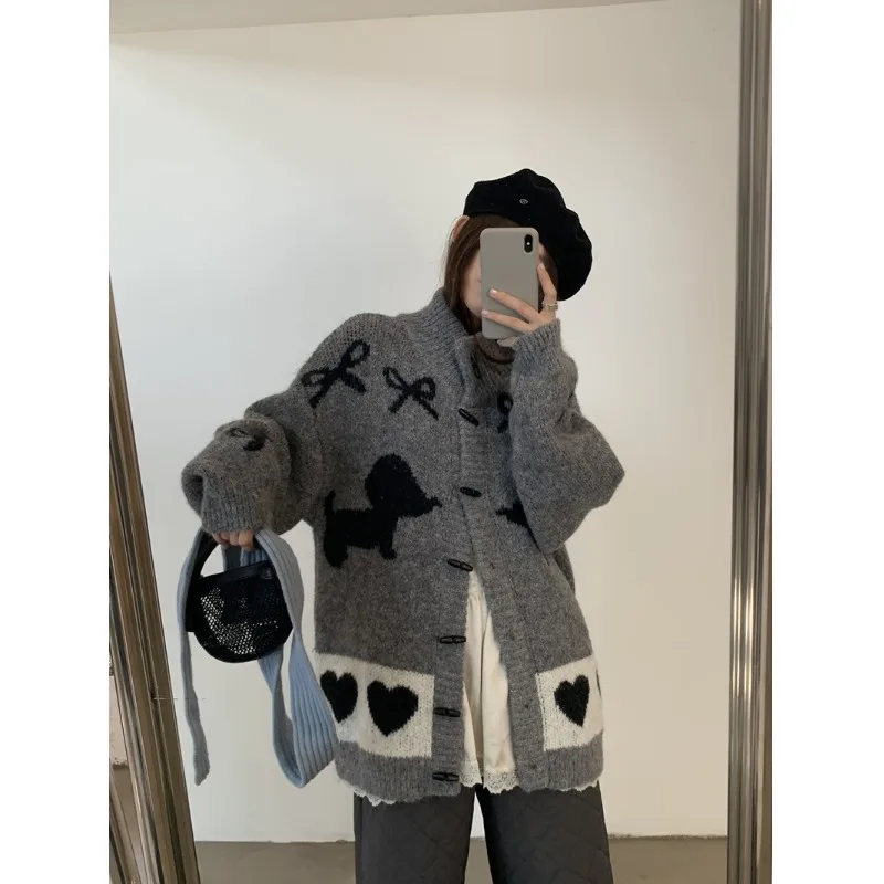 Chique retro preguiçoso sle casaco de malha feminino com botão design solto longo thiened cardigan para primavera outono inverno