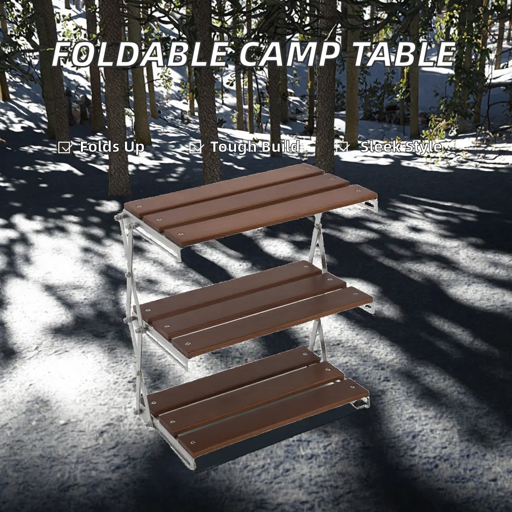 Wholesale Outdoor Three-layer Foldable Camping Shelf Portable Camping Table Wooden Stainless Steel Simple Design Base
