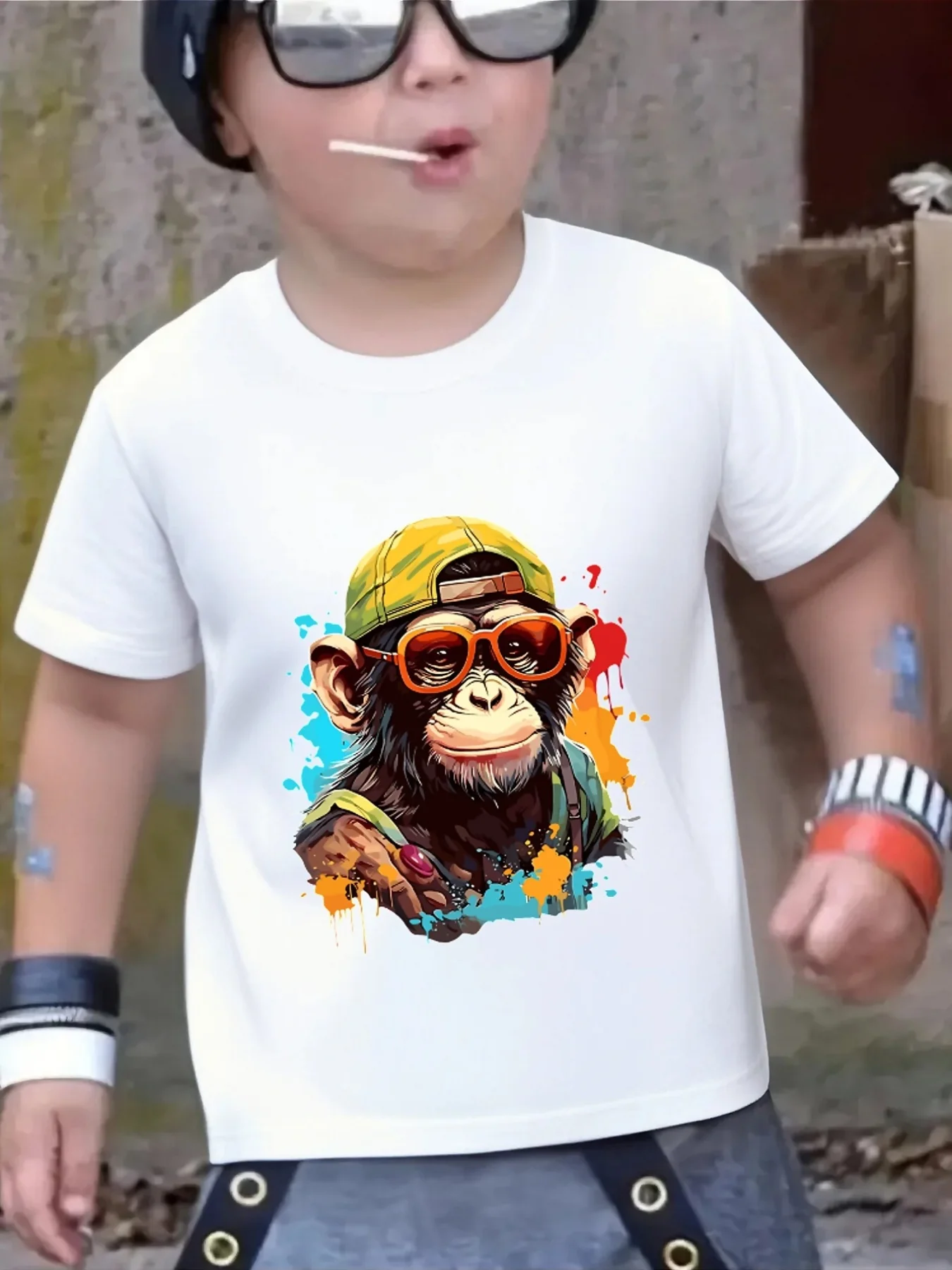 Cute Cool Monkey Cap Sunglasses Print Family Matching T Shirt Boys Girls Short Sleeve Parent Child Soft Cotton Casual Daily Tops