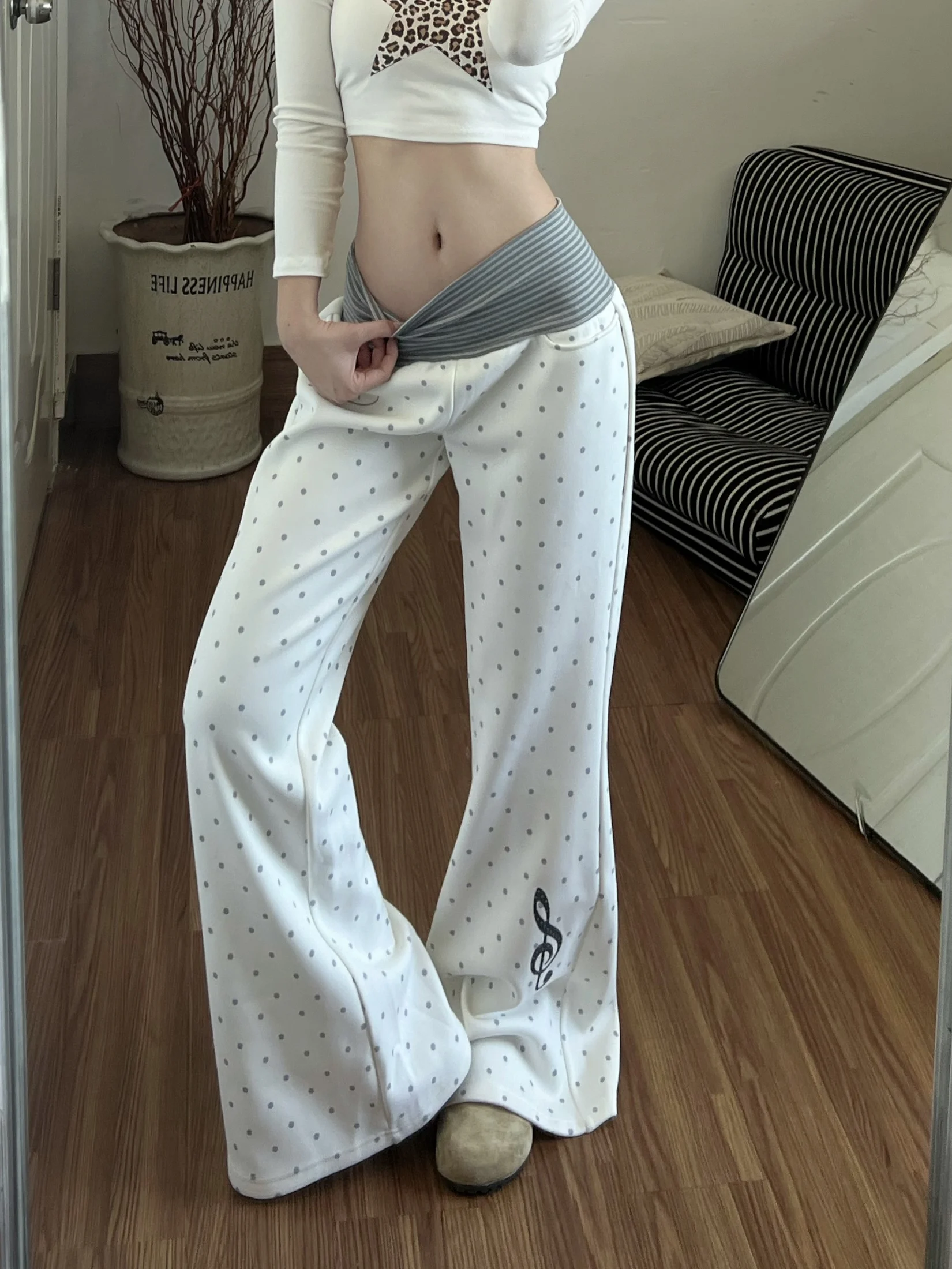 

Polka Dot High Waist Casual Pants Women's Faion Personalized Street Loose Splice Waist Head Trend White Print Sweatpants