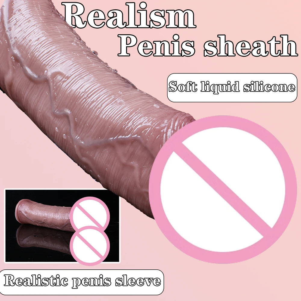Long Big Penis Sleeve Male Thick Penis Sleeve Realistic Penis Soft Flexible Liquid Silicone Real Skin Texture Couples Bedroom Fun Adult Sex Toy Male Products view 2