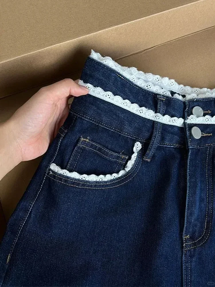 جينز نسائي خريفي موديل 2025 عتيق بالدانتيل الأزرق Y2K جينز نسائي عالي الخصر فضفاض وواسع الساق من قماش الدنيم بنطلون مستقيم غير رسمي