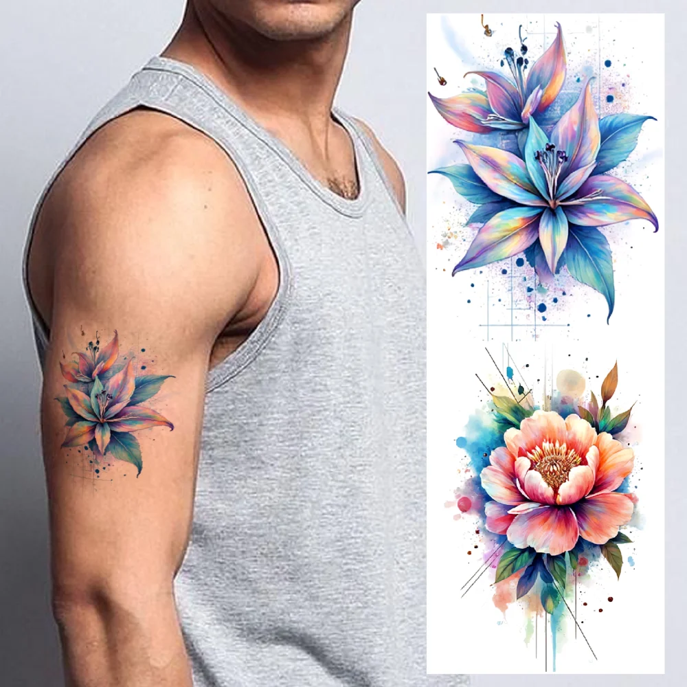 

9pcs Temporary Tattoo Rose Watercolor Hibiscus Lotus Waterproof Long-lasting Body Stickers Sunflowers For Girls Children