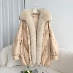 Winter Large Fox Fur Collar White Duck Down Down Coat Women 2024 Loose Oversized Jacket Thick Warm Luxury Snow Windproof Parkas