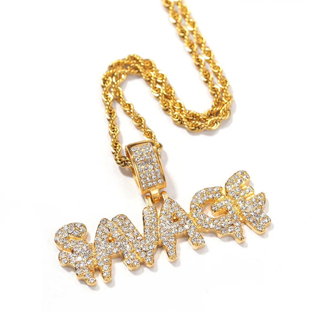 Hip Hop Rhinestones Paved Gold Color 316L Stainless Steel SAVAGE Letter Pendants Necklaces for Men Rapper Jewelry