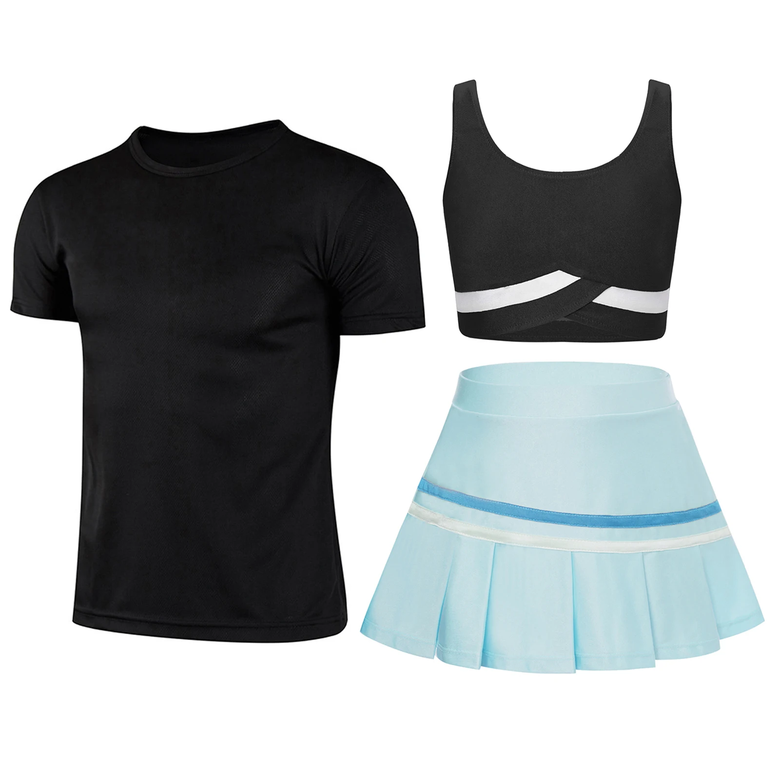 Kids Girls Sports Set Sleeveless Sports Vest Crop Tops+Pleated Skirt+Long Sleeve T-shirt Outfit for Tennis Golf Yoga Workout