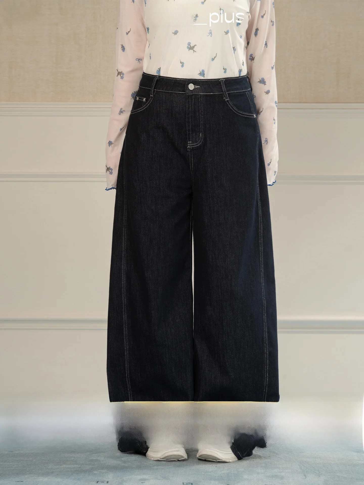 

Heynew Retro Blue Striped Wide Leg Jeans Loose Straight Cut Trousers for plus Size Women Spring Summer Cover Hip Comfortable