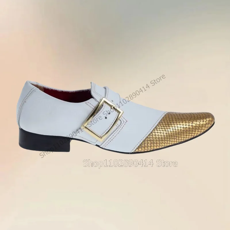 White Gold Fish Scale Print Buckle Decor Men Shoes Fashion Slip On Male Shoes Luxurious Handmade Party Banquet Men Casual Shoes