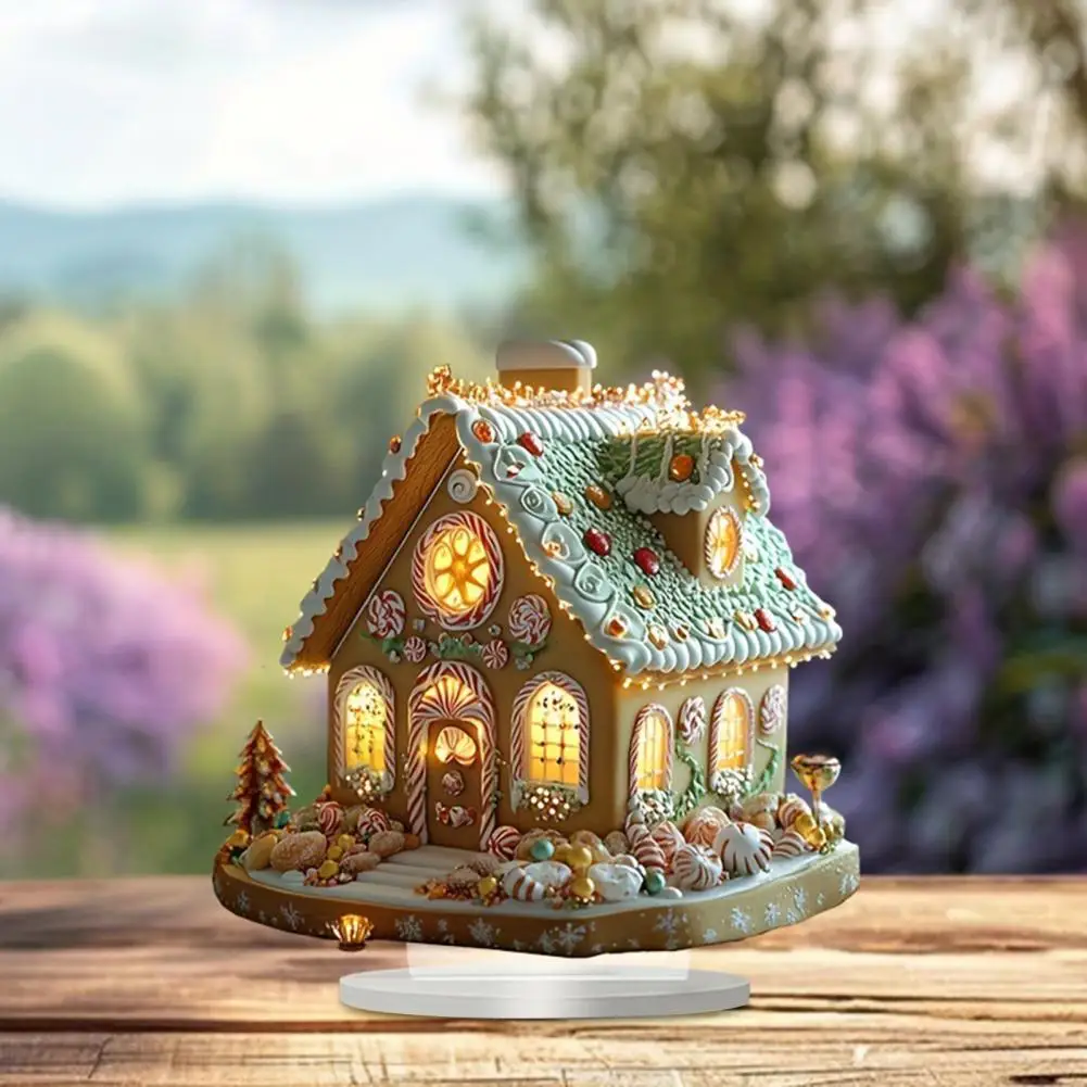 Christmas Gingerbread House Acrylic Village House Ornament with Base Home Desktop Gingerbread House for Christmas Decoration