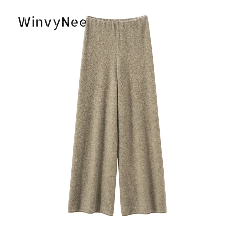 WinvyNee Women Wide Leg Pants Cashmere Knit Elastic Waist Draped Straight Cut Daily Office Minimal Chic Soft Basic Wear F1044076