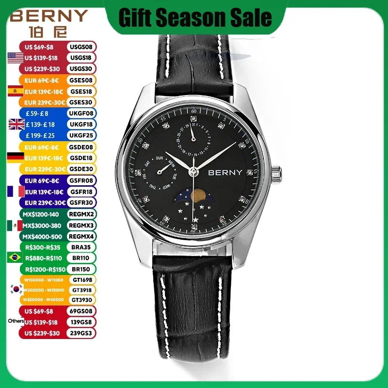 BERNY Men Quartz Watch Moon Phase Day Date Calendar Waterproof Wristwatch Male Leather Buckle Men Dress Watch MIYOTA  6P20 Gold