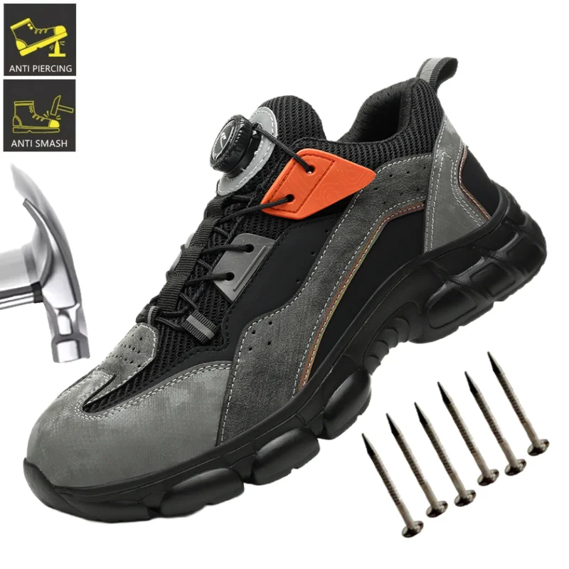 

Rotating Button Lightweight Breathable Sneakers Anti-slip Industrial Safety Shoes Breathable Steel Toe Boots for Hot Weather
