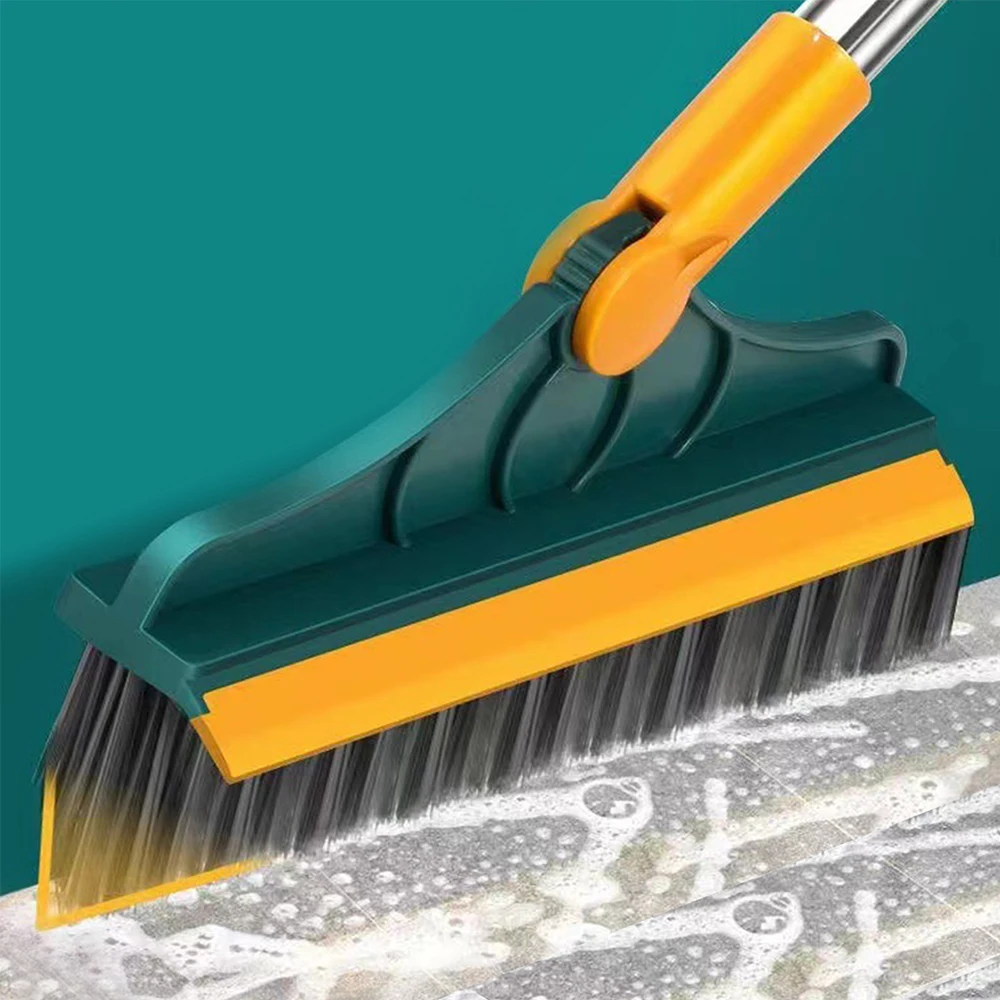 2 in 1 Floor Scrub Brush with Long Handle Brush Scrape V-Shape Stiff Bristle Rotating Cleaning Brush with Squeegee Tile Tools