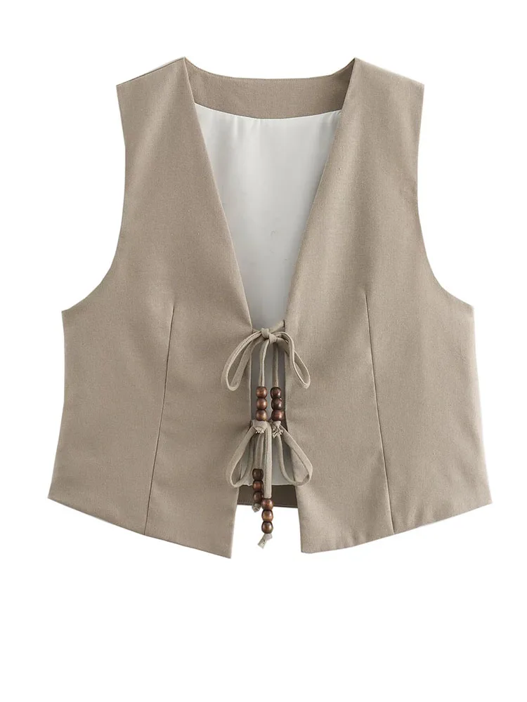 

2025 Новая женская одежда в европейском и американском стиле, французский дизайн, модный льняной смешанный жилет с бантом из бисера
